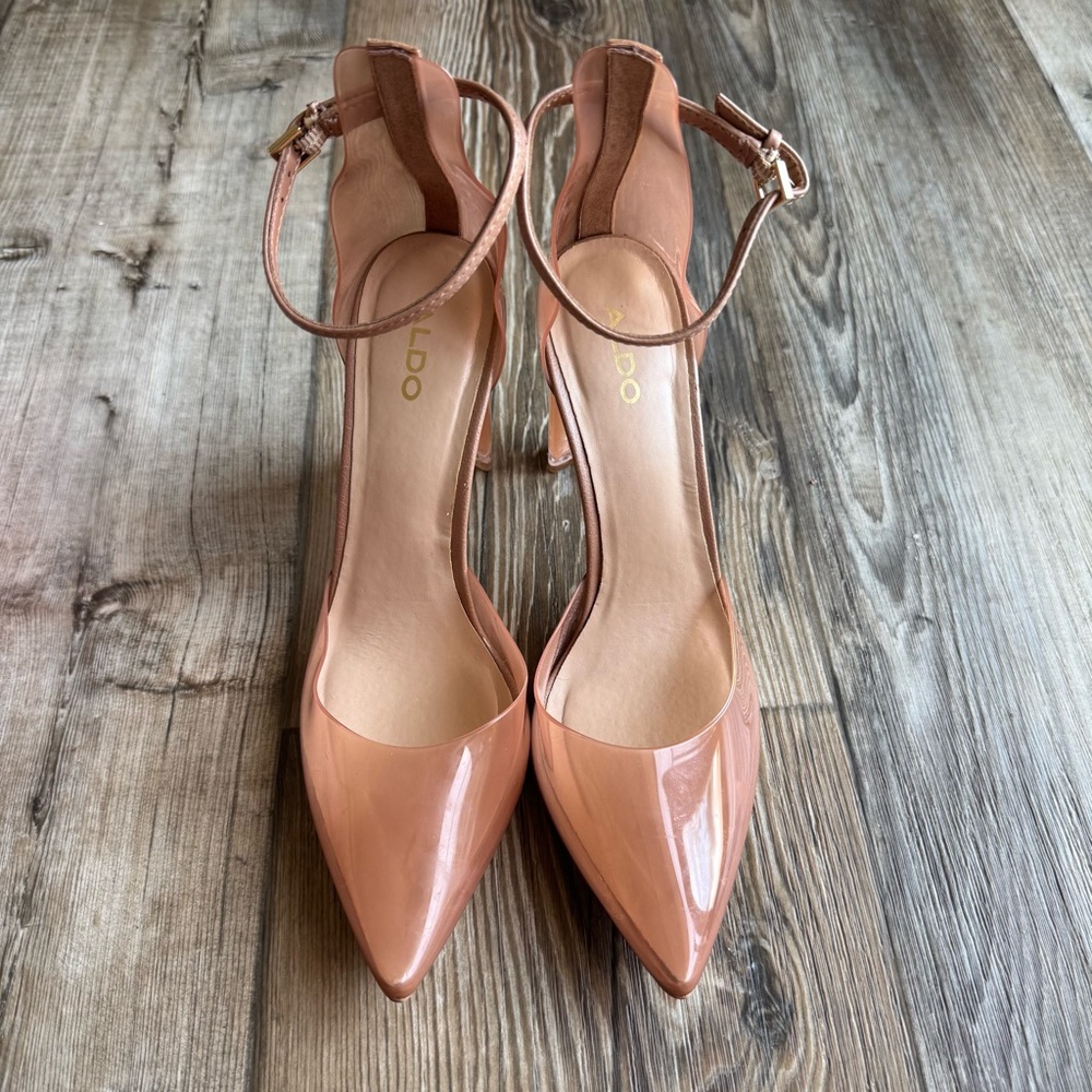 ALDO Deedee Pointy Toe Pump Strappy Heeled Shoes Size 8 Nude Tan Clear - Picture 2 of 6